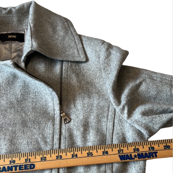 MNG Wool Blend Moto Zip Up Belted Jacket Gray Quilted Satin Lining Size US Small - Picture 6 of 16
